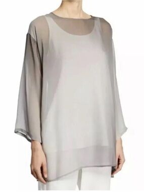 Eileen Fisher Watercolor Sheer Silk Tunic Top Size L (oversized)